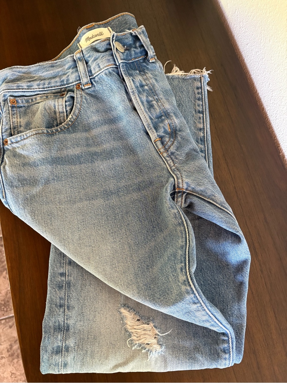 Madewell Washed Light Blue Distressed Straight Jeans